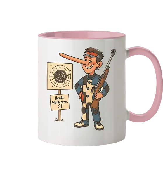 „Heute Windstärke 8!" – Zweifarbige Tasse für Sportschützen